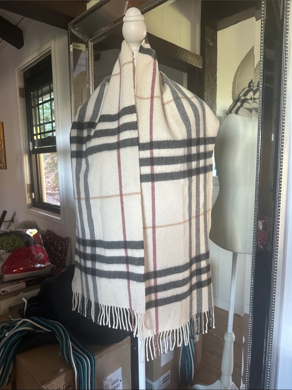 Burberry Cashmere Cream Plaid Fringe Scarf Wrap - Classic Checked Pattern